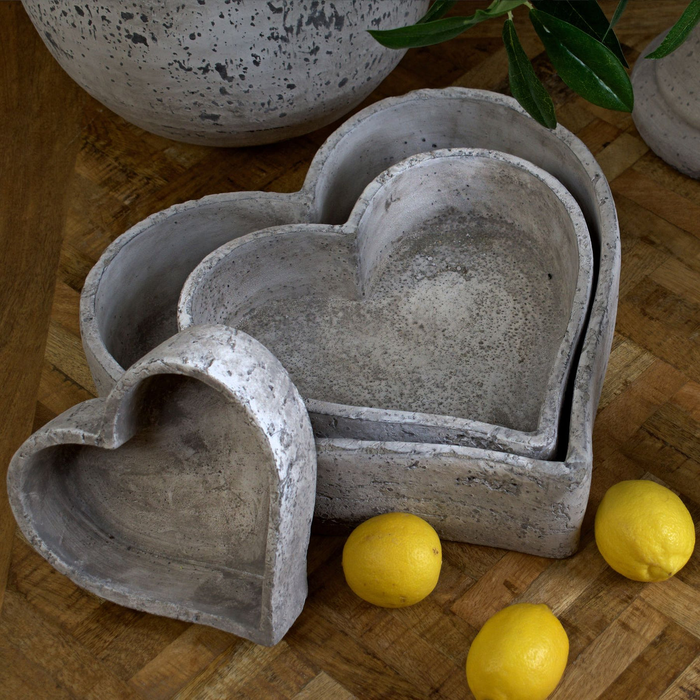 Set Of Three Large Stone Heart Shaped Ceramic Dishes