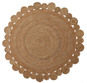 Looma Round Jute Rug with Circular Edges laid flat, showing its coiled jute centre and scalloped circle edge