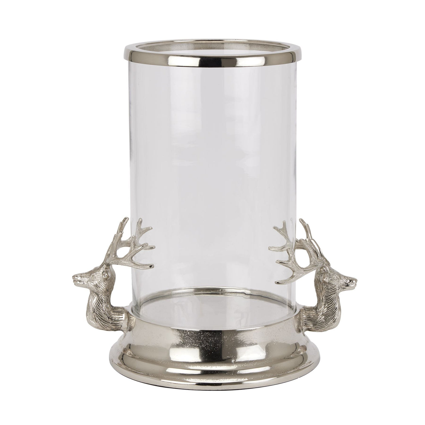 Silver Stag Heads Hurricane Lantern, woodland elegance