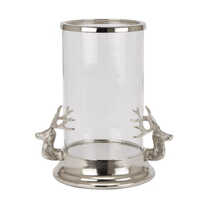 Silver Stag Heads Hurricane Lantern, woodland elegance