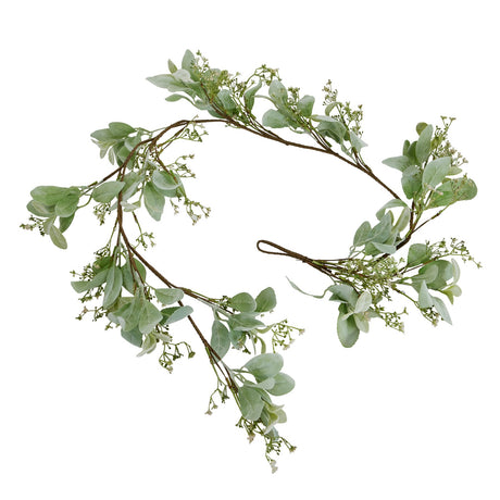 Winter Garland With Lambs Ear And Wax Flower, a faux garland of grey-green lambs ear leaves and white wax flowers