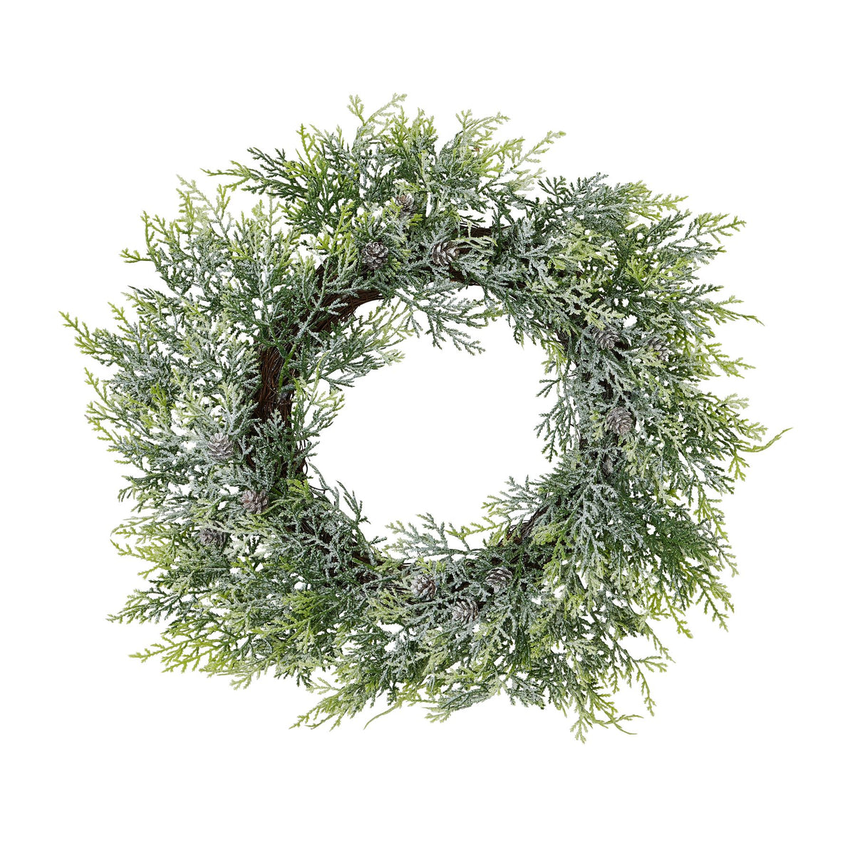 Frosted Pine Wreath With Pinecones, a round faux pine wreath with frosted tips and brown pinecones