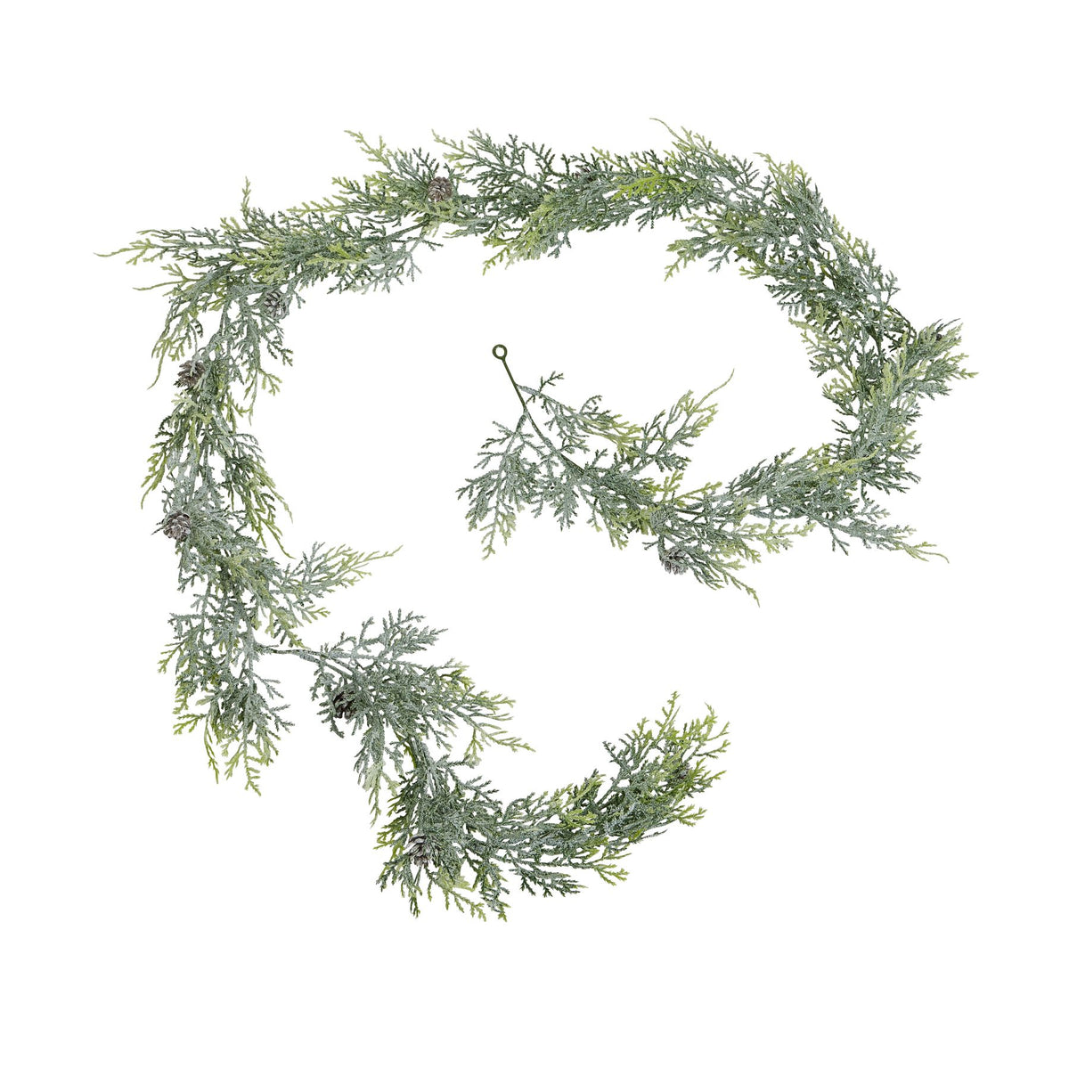 Frosted Pine Garland With Pinecones, a faux pine garland with frosted tips and brown pinecones
