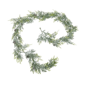Frosted Pine Garland With Pinecones, a faux pine garland with frosted tips and brown pinecones