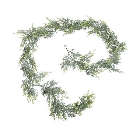 Frosted Pine Garland With Pinecones, a faux pine garland with frosted tips and brown pinecones
