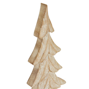 Close-up of the carved branches and whitewashed grain of the small tree