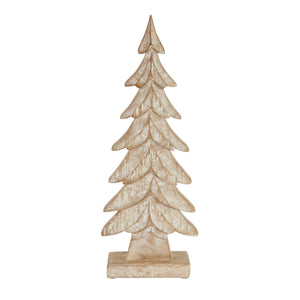 Large Carved Wood Christmas Tree in whitewashed carved wood on a block base