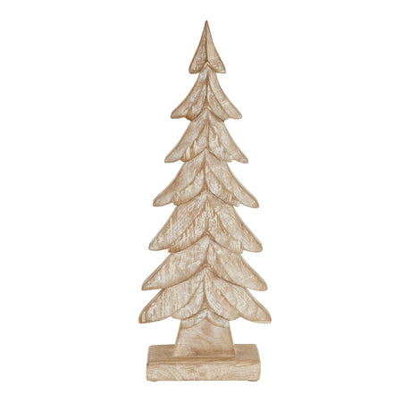 Large Carved Wood Christmas Tree in whitewashed carved wood on a block base