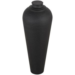 Black textured vase with lid on a white background