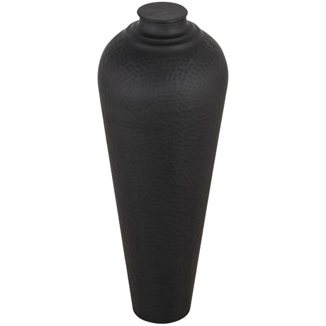 Black textured vase with lid on a white background