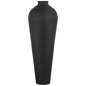 Large black textured vase on a white background
