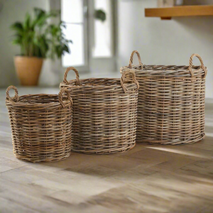 Set of 3 Kubu Rattan Round Storage Baskets