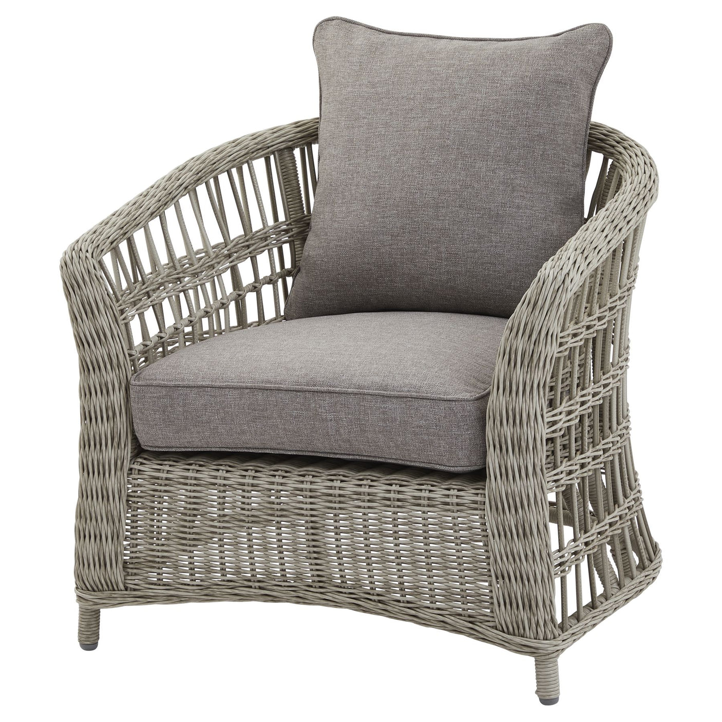 Wicker armchair with grey cushions on a white background