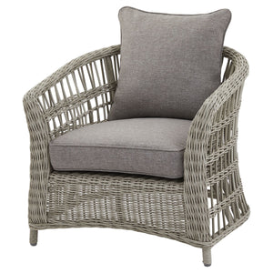 Wicker armchair with grey cushions on a white background