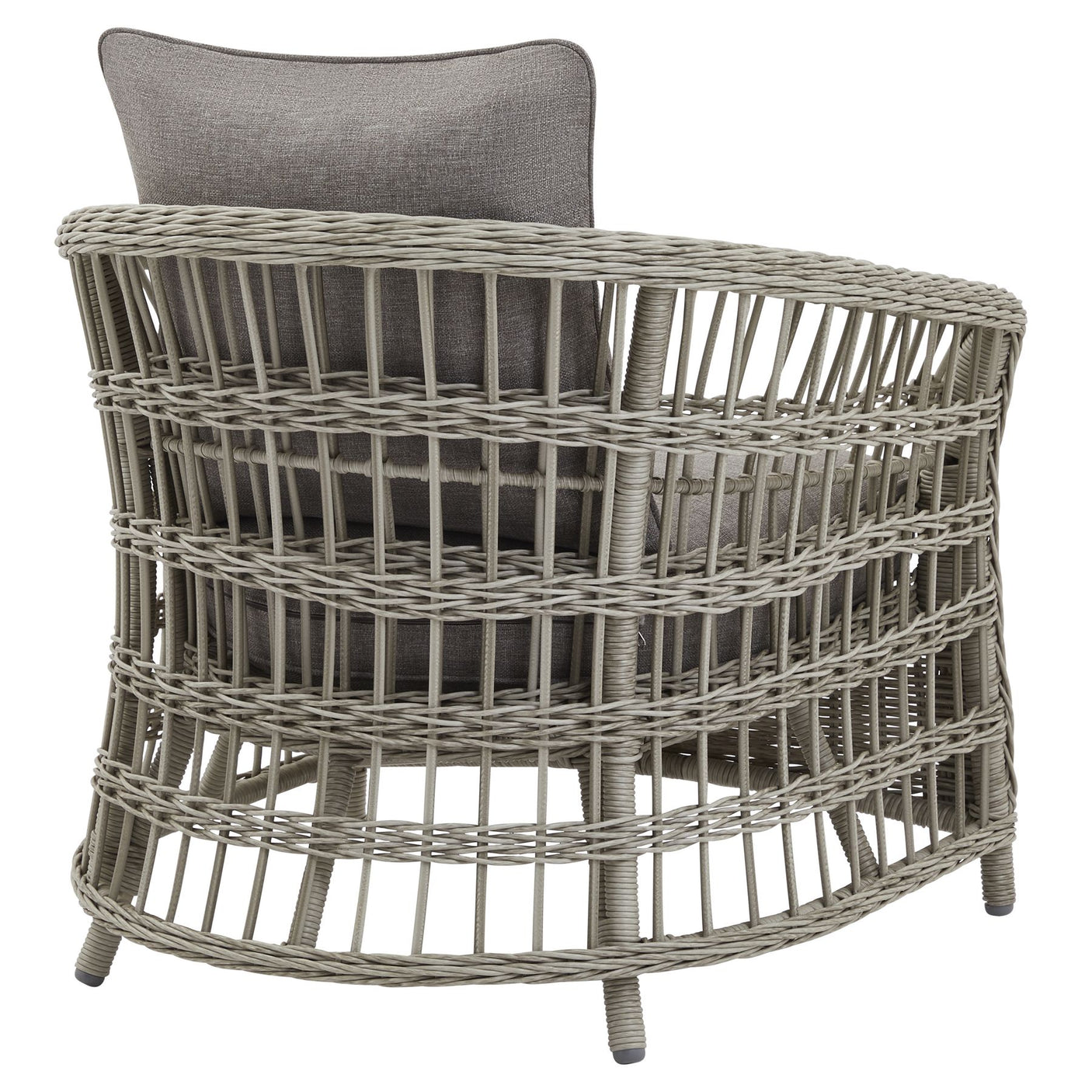 Rear view of a wicker chair with a grey cushion on a white background