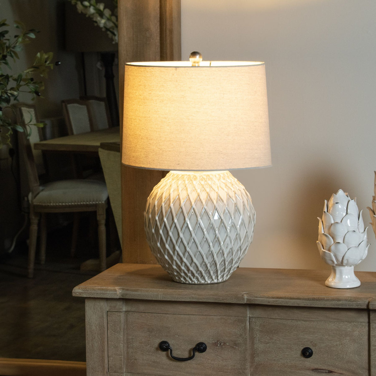 Lattice Ceramic Large Table Lamp With Linen Shade