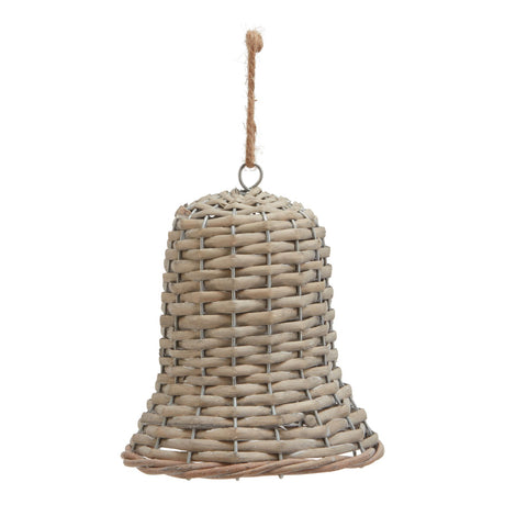 Wicker Bell Decoration, a grey-washed woven wicker bell hanging from a jute loop