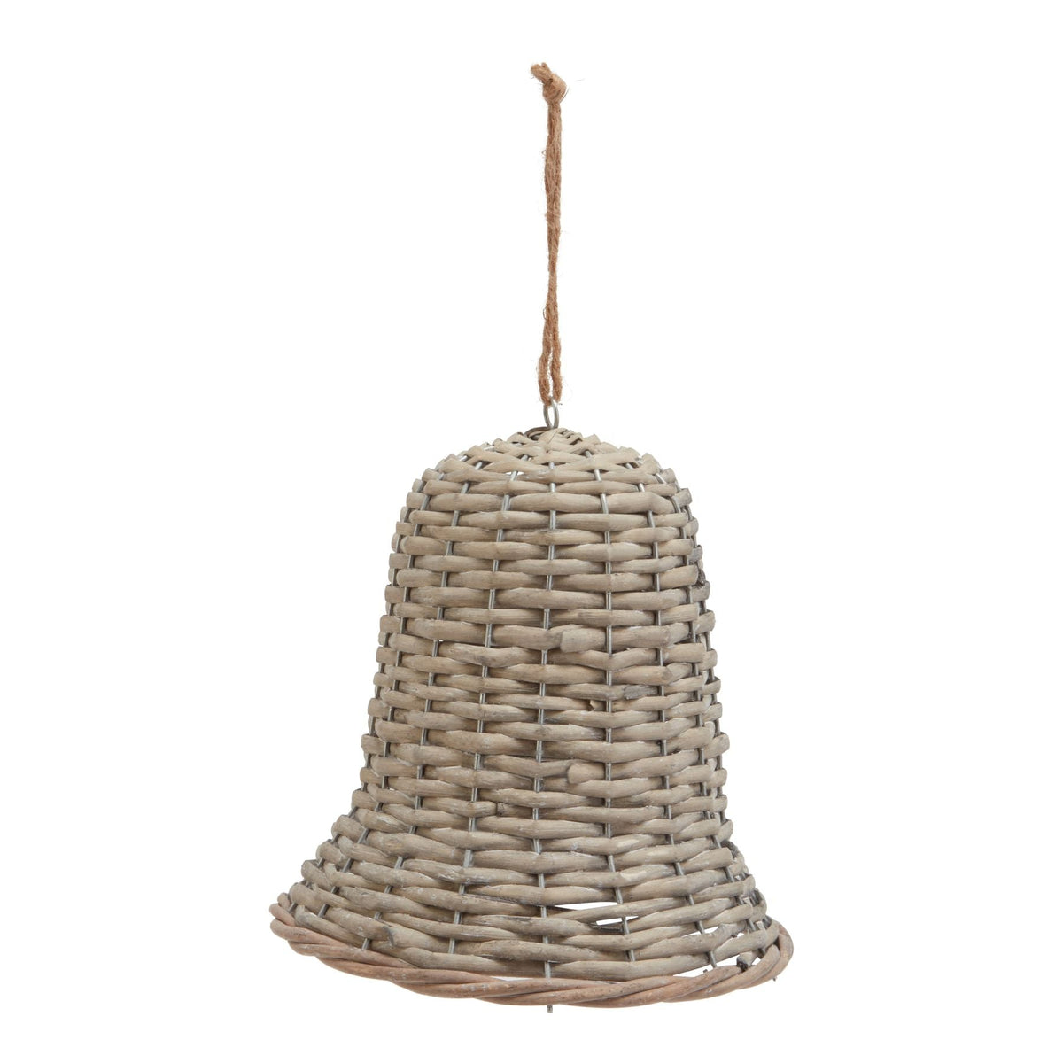 Large woven wicker bell hanging from a jute loop
