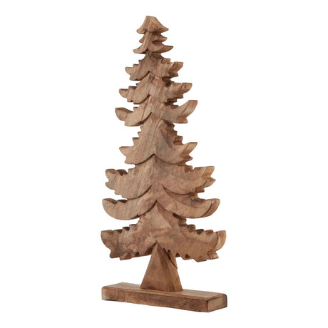 Large Natural Wooden Christmas Tree, a tall carved fir tree in natural wood on a wooden base