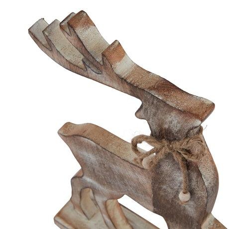 Close-up of the reindeer's antlers and twine bow