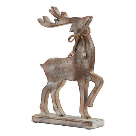 White Wash Wooden Reindeer Decoration, a whitewashed cut-out reindeer with twine bow and bead on a plinth