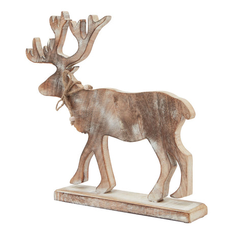 White Wash Wooden Stag Decoration, a standing whitewashed wooden stag with large antlers