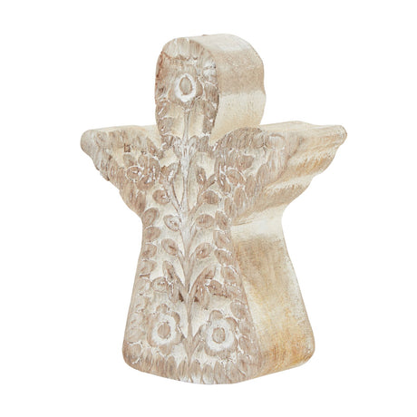 White Wash Carved Wooden Angel Decoration, a freestanding whitewashed angel with a hand-carved floral pattern