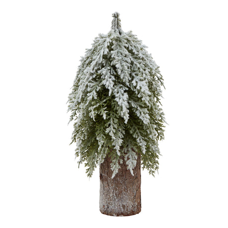 Small Snowy Fir Tree On Tall Wood Log, a snow-frosted faux fir tree set in a tall bark-covered log