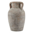 A large brown ceramic amphora pot with horizontal ribbing and two handles.