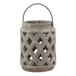 Decorative lantern with lattice design and black handle on a white background