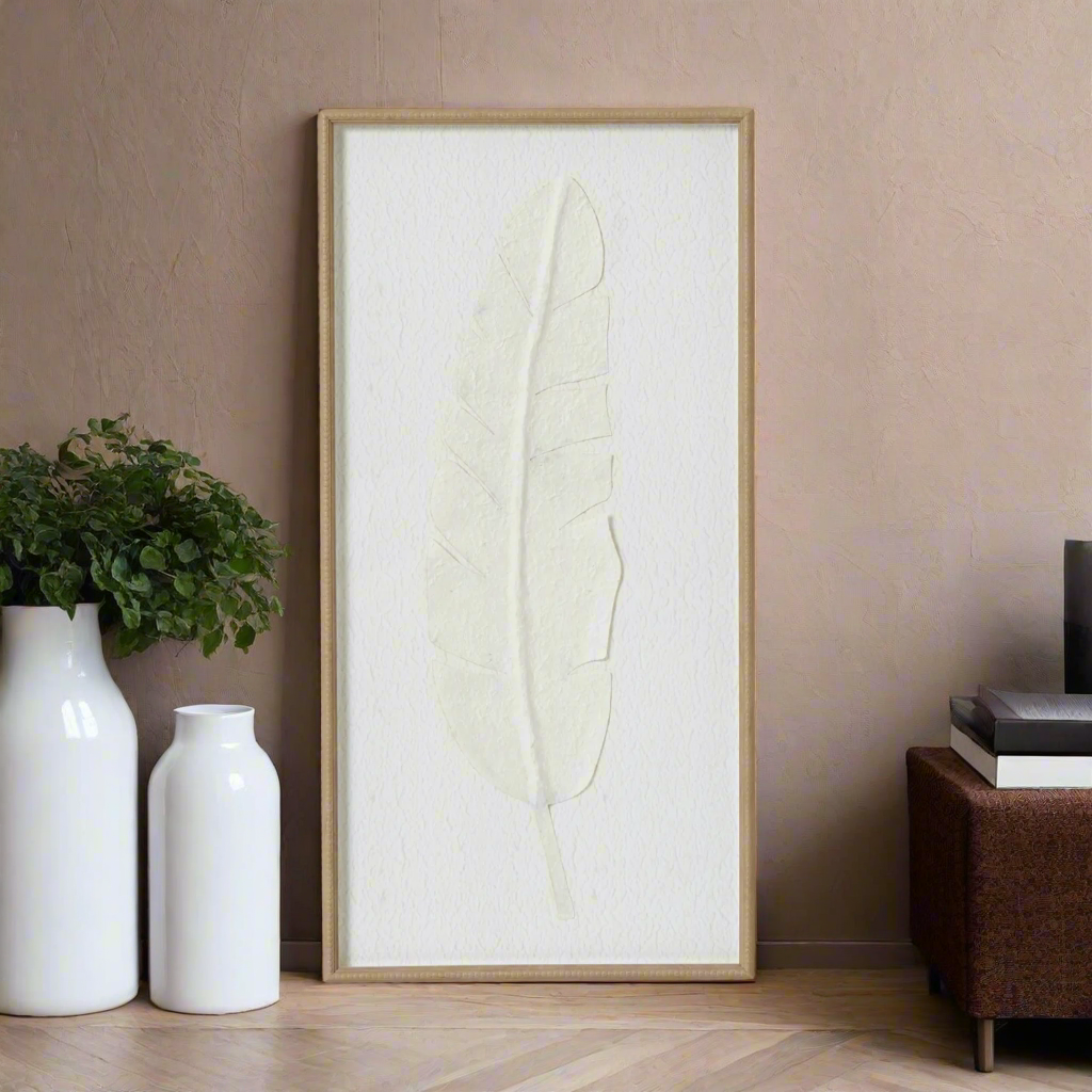 Large Quill White Feather Art Mounted In Beaded Frame