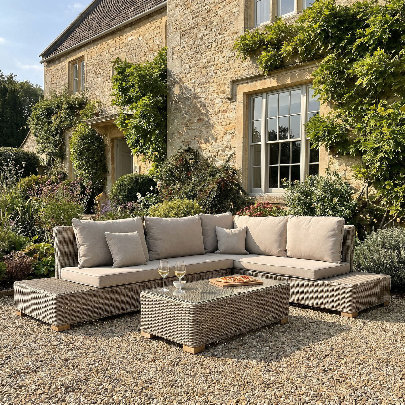 Capri outdoor large corner and coffee table set with a sectional sofa and coffee table in front of a stone building.