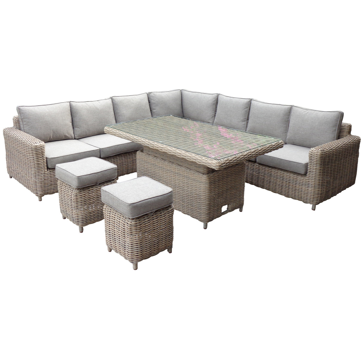 Outdoor patio furniture set with cushions on a white background