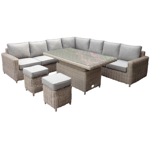 Outdoor patio furniture set with cushions on a white background
