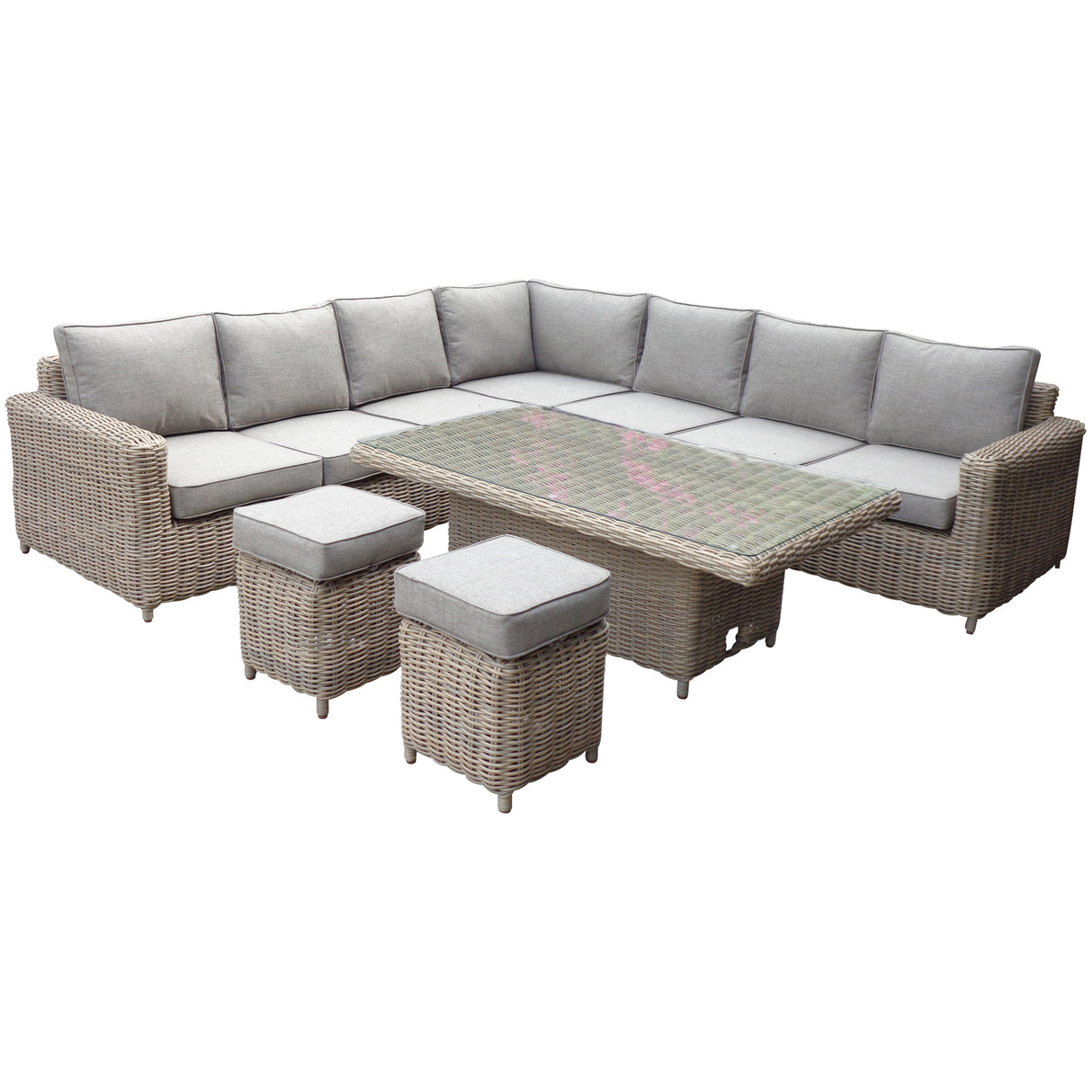 Outdoor furniture set with a sectional sofa, table, and stools on a white background