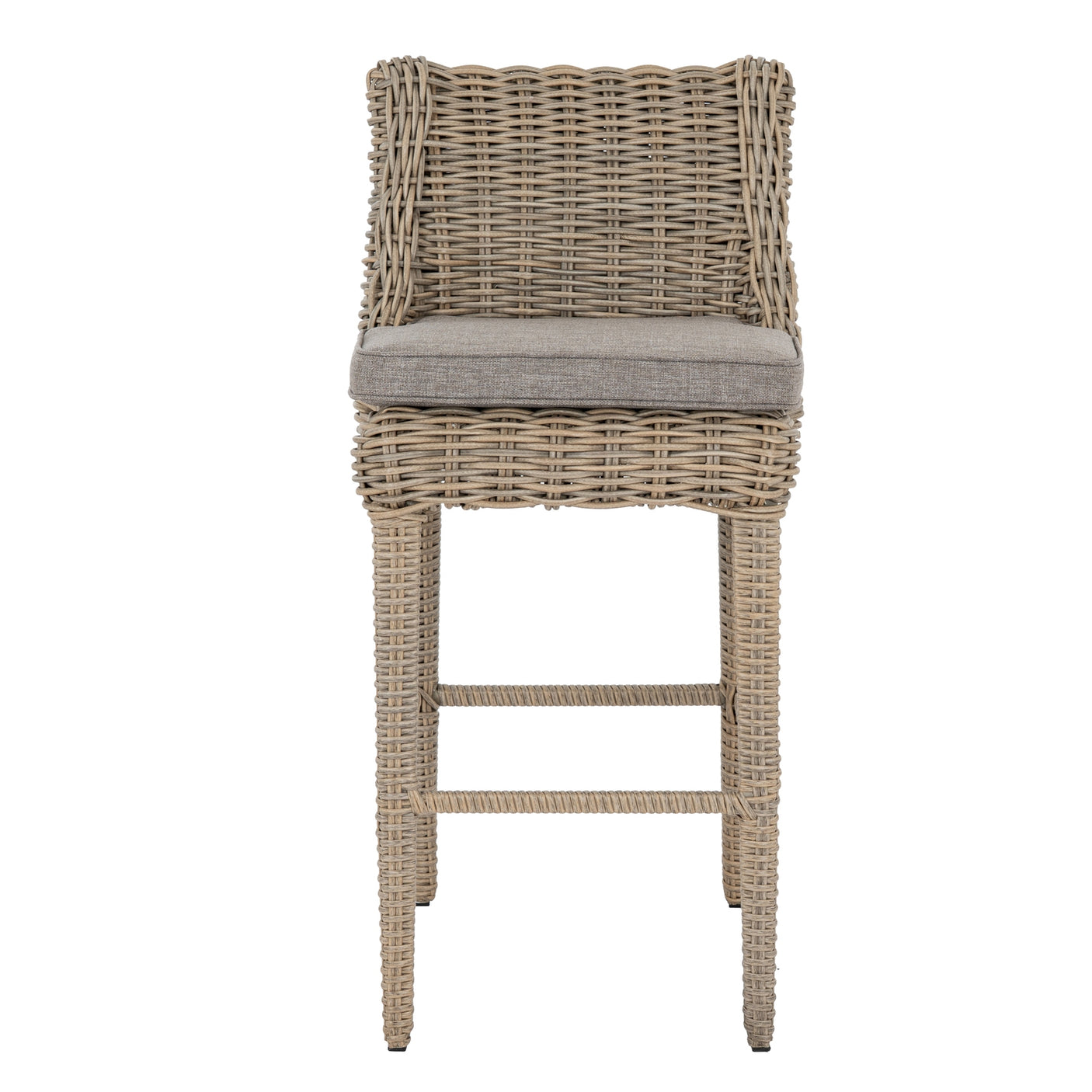 Wicker outdoor bar stool with a grey cushion on a white background