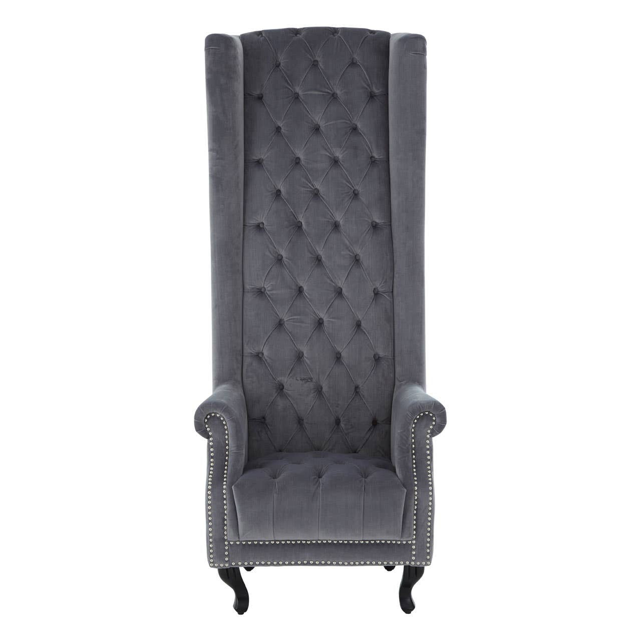 Gray tufted chair with high back and armrests on a white background