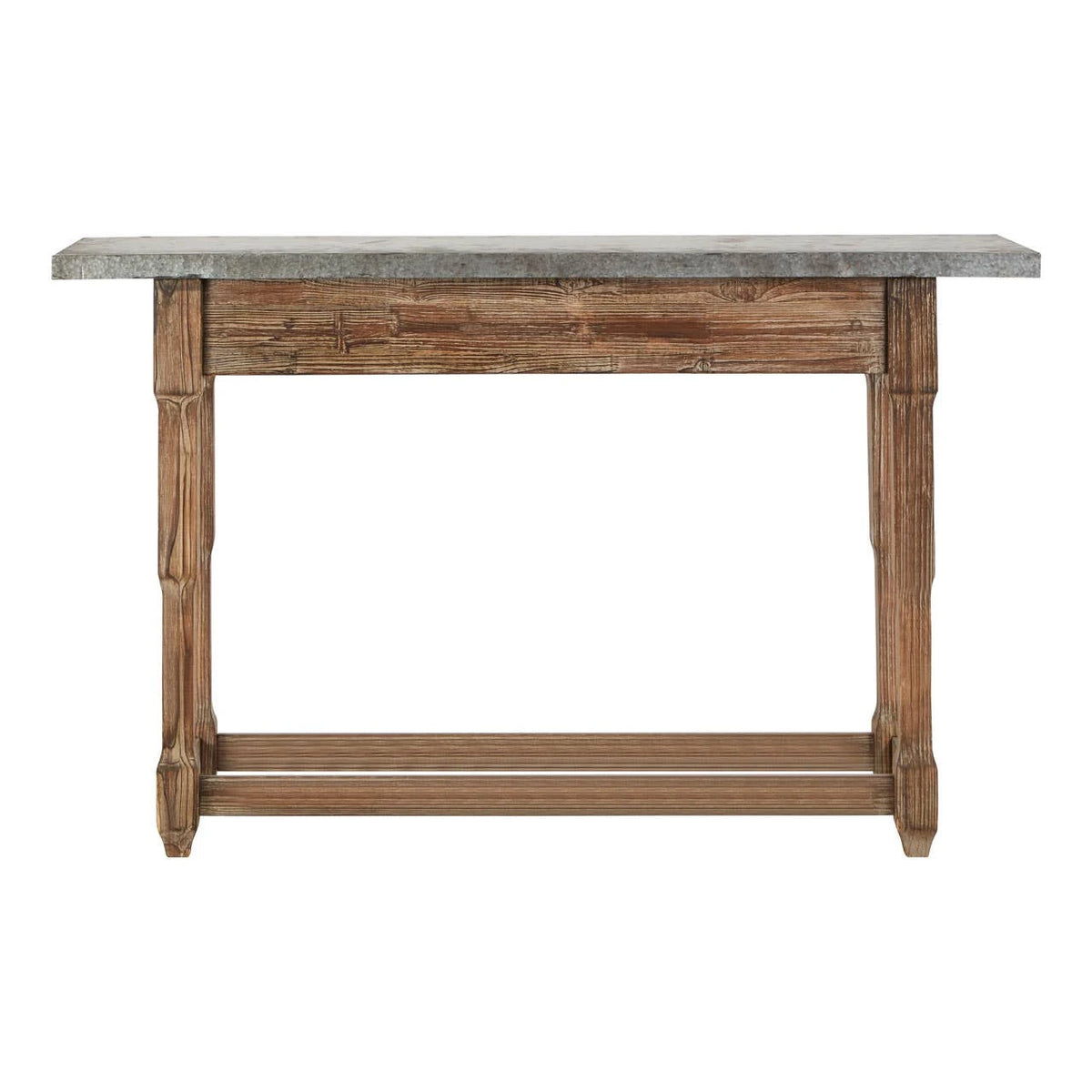 Hatherley antique wood console table with stone-effect top, front view