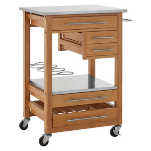 The Homestead Bamboo Kitchen Trolley from a three-quarter angle, showing the drawers, chrome bottle rack and stainless steel shelf.