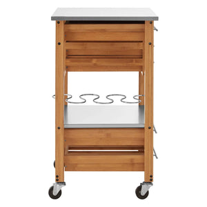 Side view of the Homestead Bamboo Kitchen Trolley, showing the chrome bottle rack and stainless steel shelf.