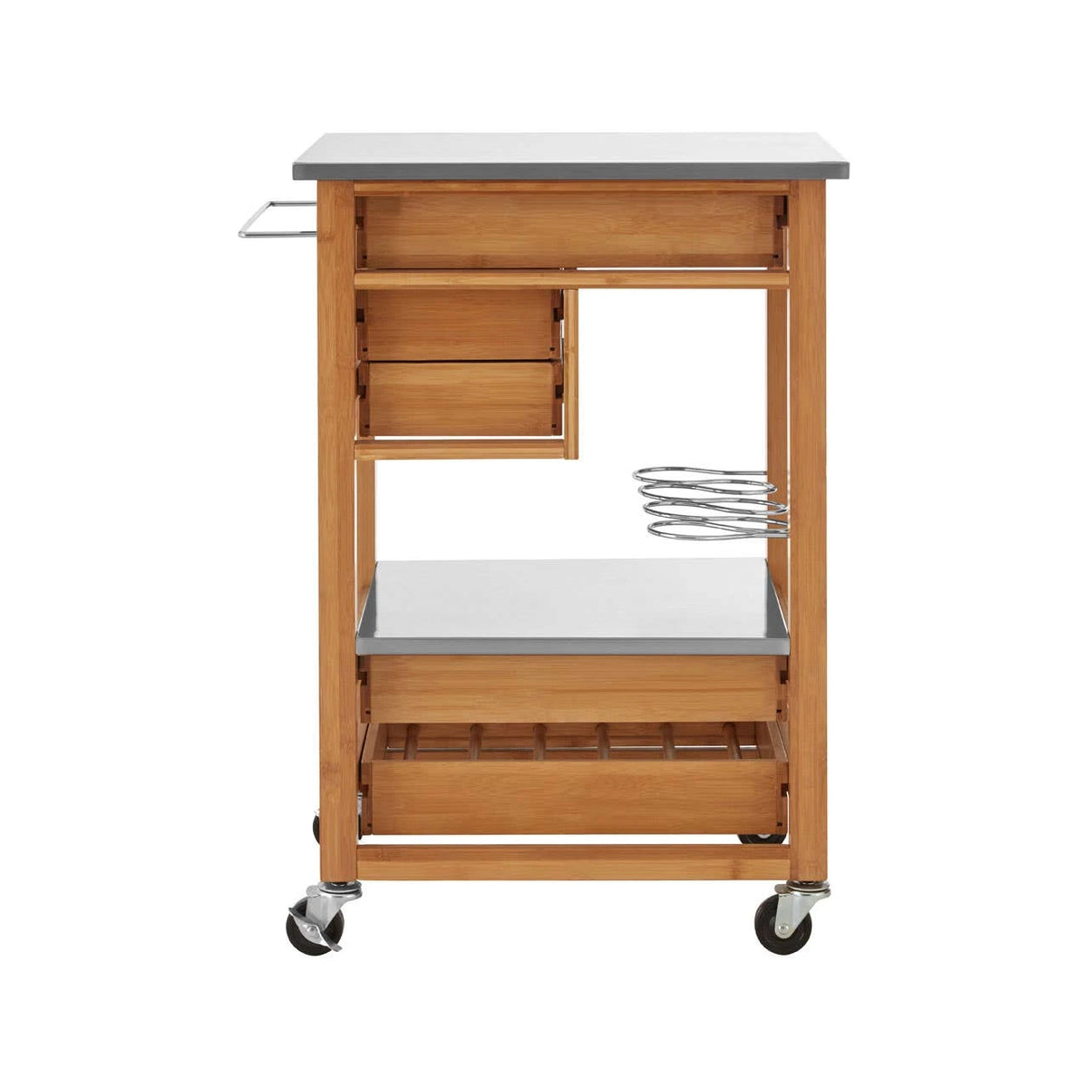 Back view of the Homestead Bamboo Kitchen Trolley, with its bamboo frame and stainless steel shelves.