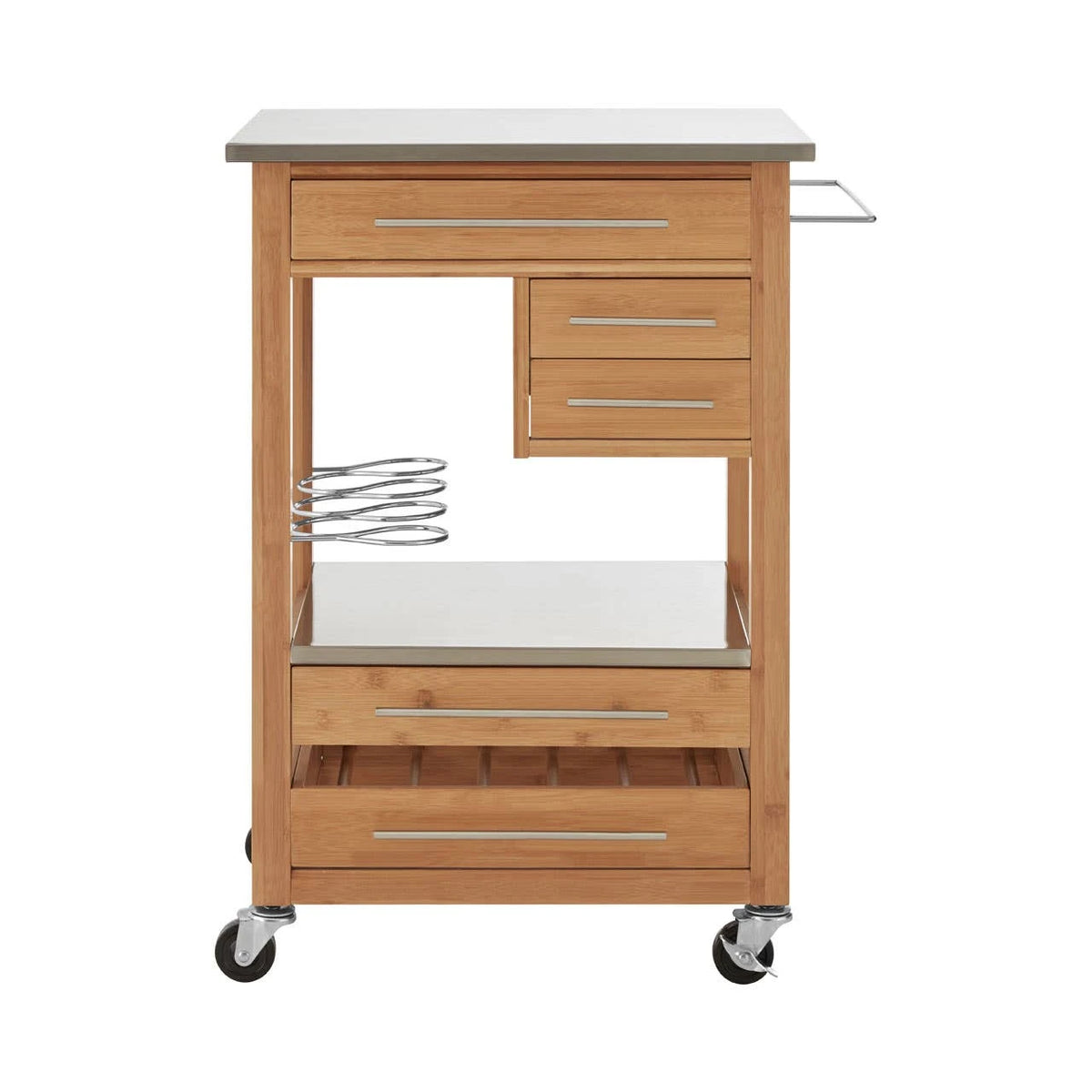 Front view of the Homestead Bamboo Kitchen Trolley, with a stainless steel top, three upper drawers, bottle rack, shelf and lower drawers on castors.