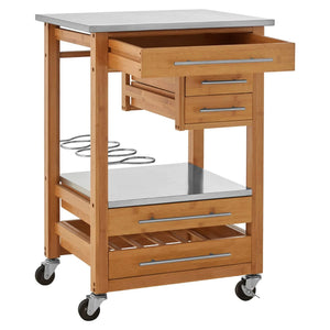 The Homestead Bamboo Kitchen Trolley with the wide top drawer pulled open.