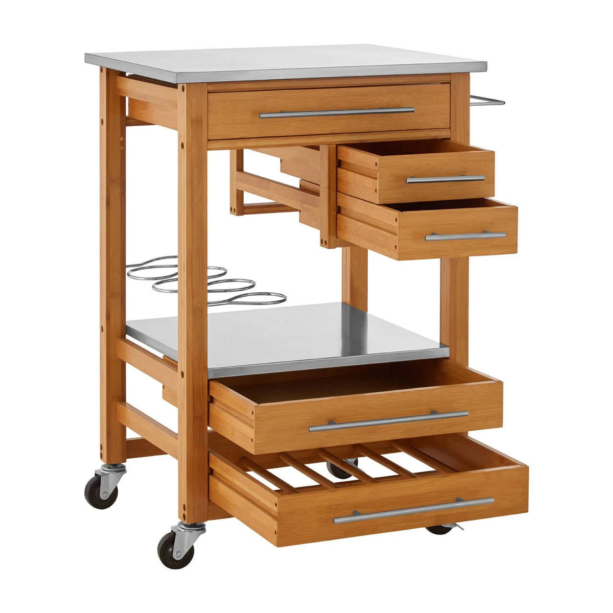 The Homestead Bamboo Kitchen Trolley with the small drawers, lower drawer and slatted pull-out rack open.