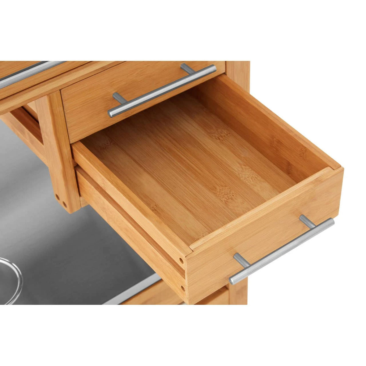 Close-up of an open small drawer on the Homestead Bamboo Kitchen Trolley.