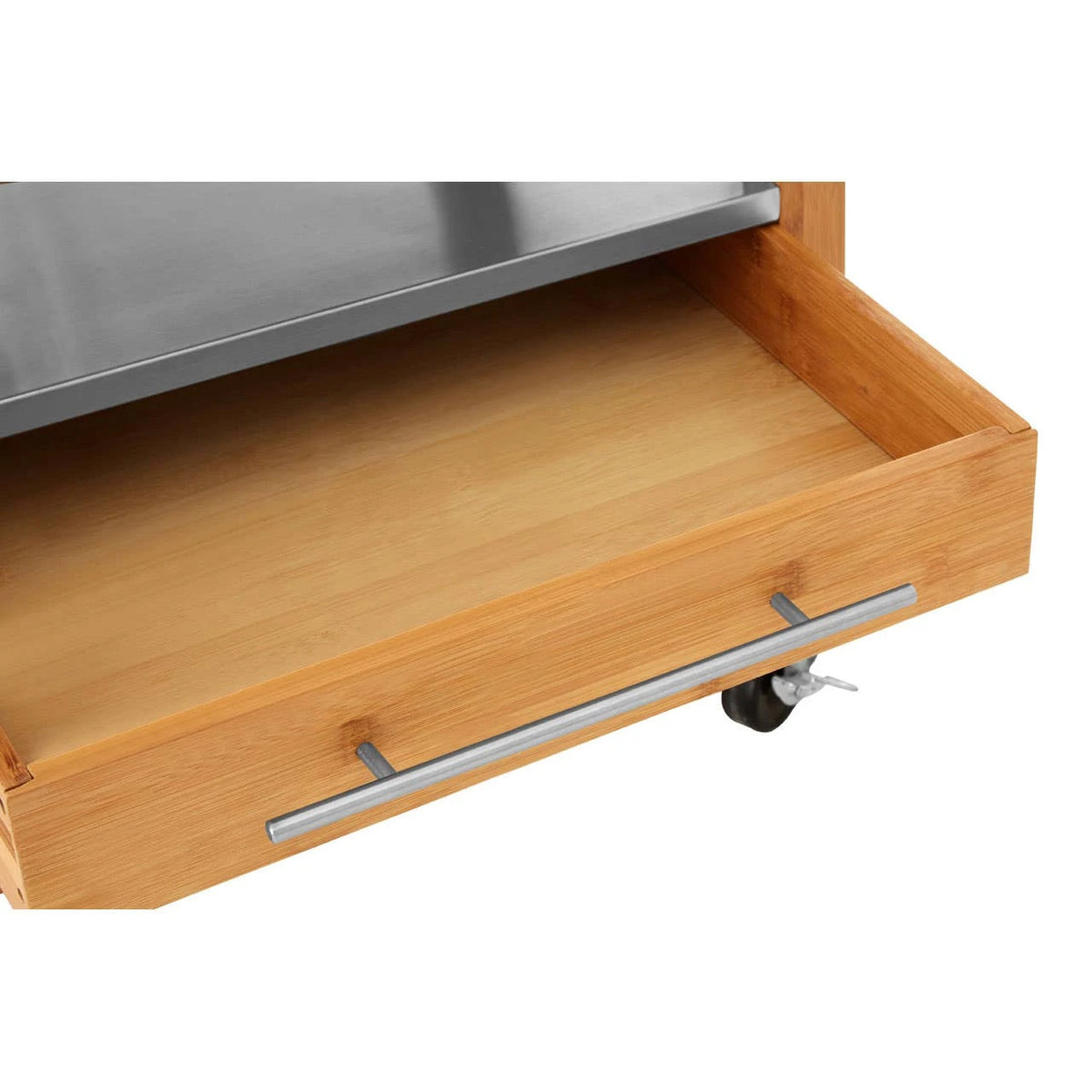 Close-up of the open lower drawer beneath the stainless steel shelf of the Homestead Kitchen Trolley.