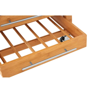 Close-up of the slatted bamboo pull-out rack at the base of the Homestead Kitchen Trolley.