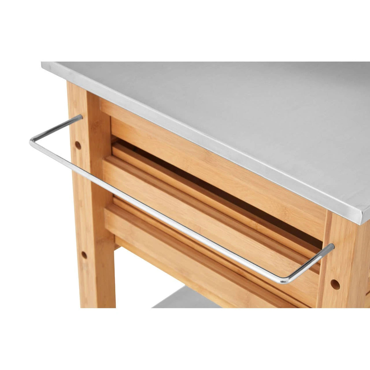 Close-up of the side towel rail and stainless steel top on the Homestead Kitchen Trolley.