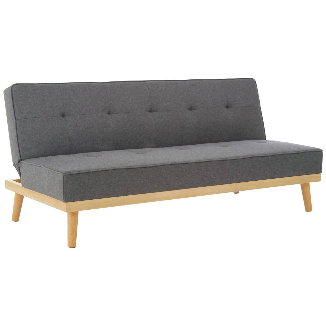Gray sofa bed with wooden legs on a white background