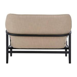 Back view of beige linen two seater sofa with black wood frame on a white background